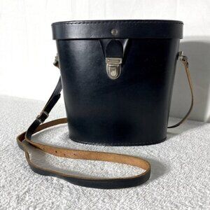 Vintage Black Leather Binoculars Case with Strap & Lens Caps